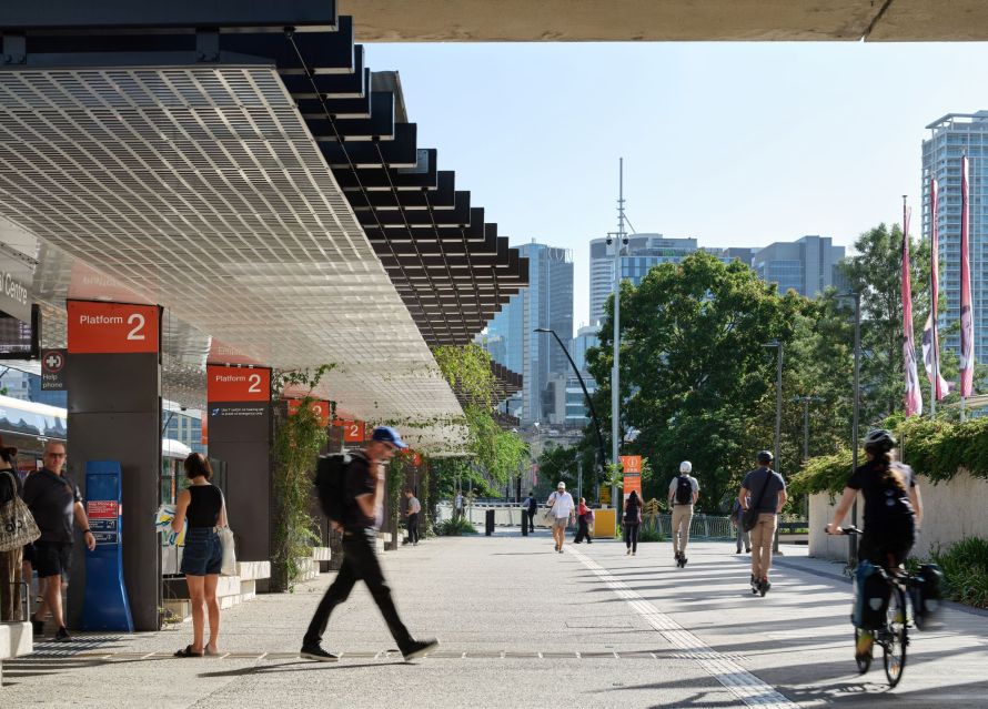 View of the Brisbane Metro bus platform at the Cultural Centre, South Brisbane.