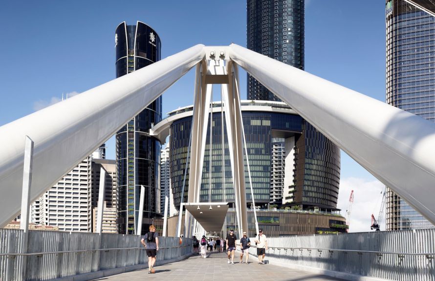 View of Neville Bonner Bridge from ground level, looking towards the Queen's Wharf casino.